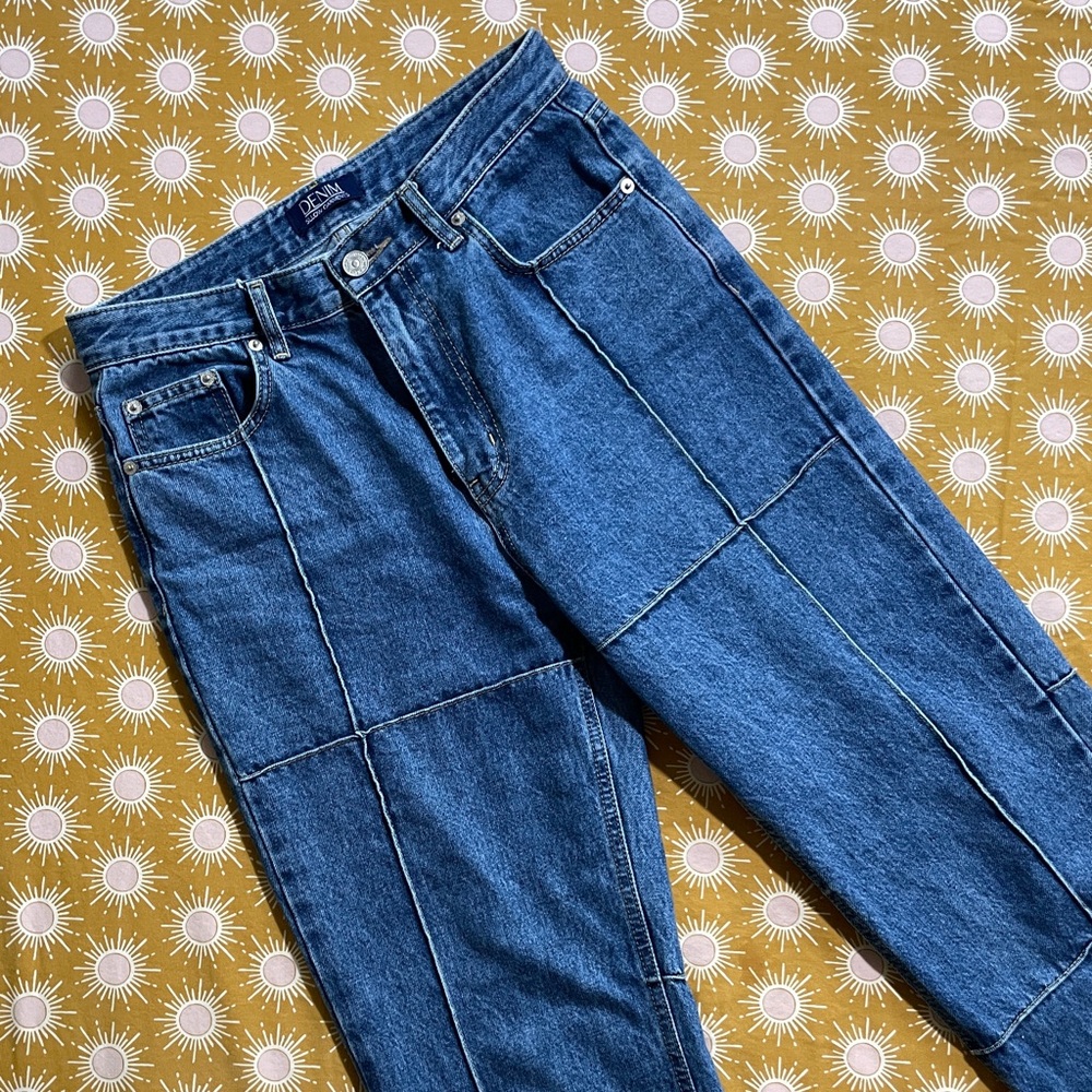 Sllow Garments Korea Denim Seam Detail Straight Leg High Rise Jeans